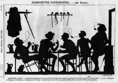 Silhouettes fantastiques par Bernay. Caricature sur les intellectuels parisiens : « Quartier Latin. Grande discussion où l