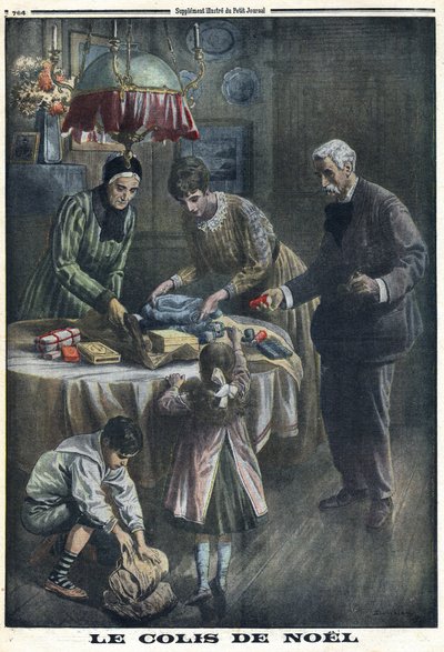 Première Guerre mondiale 1914-1918. Cadeau de Noël : Les enfants reçoivent et déballent les colis envoyés par leur père sur le champ de bataille la veille de Noël. Dans « Le Petit Journal », le 24/12/1916. Collection privée - Anonymous Anonymous