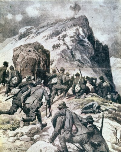 Première Guerre mondiale : chasseurs alpins italiens escaladant le sommet du Cauriol, Alpes italiennes, 1916. Illustration de « La domenica del corriere » - Anonymous Anonymous