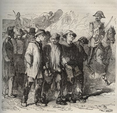 Forçats en marche au bagne de Rochefort au XIXe siècle. Gravure dans « Histoire des bagnes depuis leur création à nos jours » (1877) par Pierre Zaccone. - Anonymous Anonymous