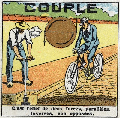 Forces: couple ou force de torsion. Fontaine et cycliste. Illustration anonyme de 1925. Collection privée - Anonymous Anonymous