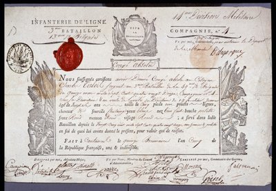 Révolution française : document officiel de congé militaire daté du 15 Brumaire an V (05/11/1796) d