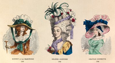 De gauche à droite : Chapeau à la marinière en 1787 ; Grande coiffure en 1785 et chapeau bonnette en 1786 - Anonymous Anonymous