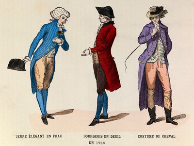 De gauche à droite : Un jeune élégant en frac ; Un bourgeois en deuil et un costume de cheval en 1786 - Anonymous Anonymous