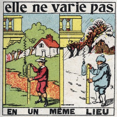 Grainness : il ne varie pas en un seul endroit. Un enfant mesurant la gravité avec un ressort au même endroit en été et en hiver. Illustration anonyme de 1925. Collection privée. - Anonymous Anonymous