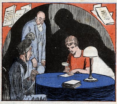 Graphologie : un graphologue, consulté par un vieux couple, lit avec une loupe l