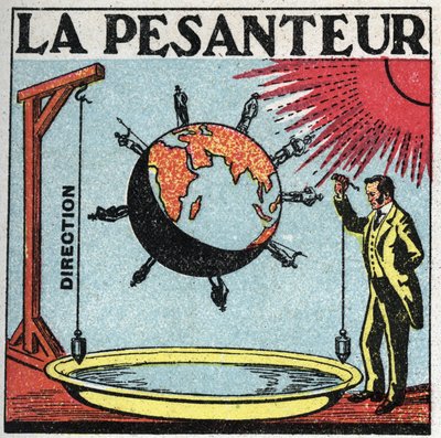 Gravité : la direction de la gravité est celle du fil à plomb, elle est perpendiculaire à la surface des eaux calmes, la verticale. En deux points éloignés de la Terre, on peut dire que deux fils à plomb sont parallèles. Illustration anonyme de 1925. Colle - Anonymous Anonymous