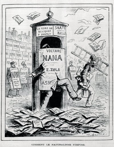 Comment le naturalisme est imposé : dessin satirique sur le roman naturaliste à propos du livre « Nana » d