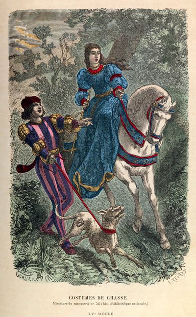 Costumes de chasse au 15e siècle, jeune femme à cheval avec son écuyer - collection privée - Anonymous Anonymous