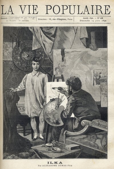 Dans un atelier, un jeune modèle en chemise et chaussette portant un petit chapeau à plumes pose pour un peintre, installé à son chevalet, tenant sa palette et ses pinceaux, appliqué à son croquis. Illustration par Alfons Maria Mucha (Alphonse Marie Mucha) - Anonymous Anonymous