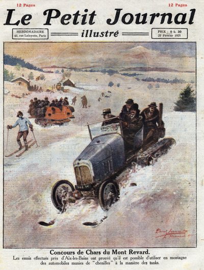Innovation sur les voitures en montagne, des chenilles sont placées sur les roues pour éviter les dérapages. Illustration tirée de "Le petit journal" du 27/02/1921 - Anonymous Anonymous