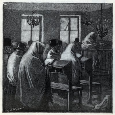 Fêtes juives : fidèles pendant la prière dans un oratoire pendant les fêtes. Gravure dans « Le monde illustré » de 1892. Collection privée. - Anonymous Anonymous