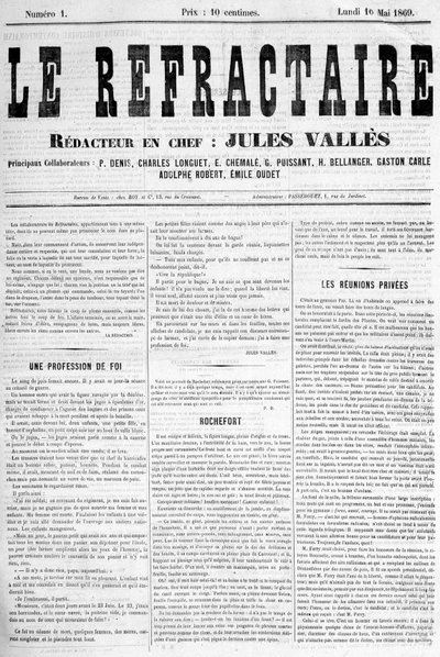 La une du premier numéro du journal « Le réfractaire », rédacteur en chef : Jules Vallès, lundi 10 mai - Anonymous Anonymous