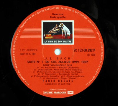 Étiquette du disque 33 tours (disque vinyle) de la marque « EMI la voix de son maître » par Pablo Casals interprétant les 6 suites pour violoncelle de Jean-Sébastien Bach (Johann Sebastian Bach) - Anonymous Anonymous