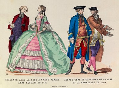 À gauche : Élégante avec une grande robe à panier, abbé mondain en 1760 / À droite : Jeunes hommes en costume de chasse et de promenade en 1760 (règne de Louis XV) - Collection privée - Anonymous Anonymous