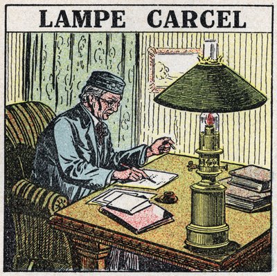 Sources de lumière : lampe Carcel, inventée par Guillaume Carcel (1750-1812) et utilisant de l