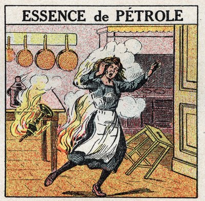 Sources de lumière : une femme prend feu en manipulant une lampe à pétrole. Illustration anonyme de 1925. Collection privée. - Anonymous Anonymous