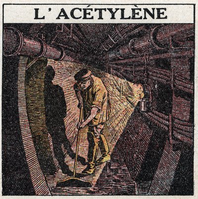 Sources de lumière : éclairage par acétylène utilisé dans les tambours. Illustration anonyme de 1925. Collection privée. - Anonymous Anonymous