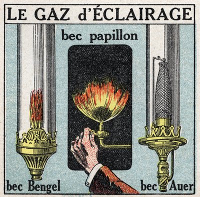Sources de lumière : éclairage au gaz et divers becs (bec papillon, bec Bengel, bec Auer). Illustration anonyme de 1925. Collection privée. - Anonymous Anonymous