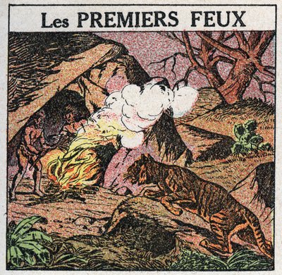 Sources de lumière : les premiers feux des hommes préhistoriques. Illustration anonyme de 1925. Collection privée. - Anonymous Anonymous