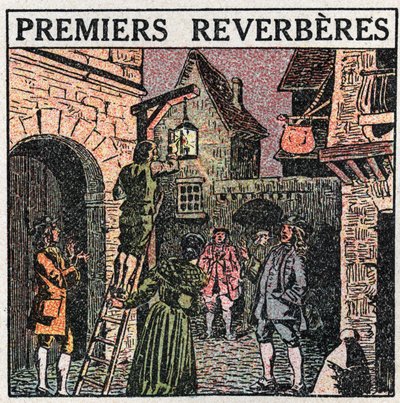 Sources de lumière : les premiers réverbères installés en France en 1677. Illustration anonyme de 1925. Collection privée. - Anonymous Anonymous