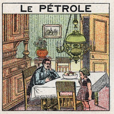 Sources de lumière : utilisation de la lampe à huile. Illustration anonyme de 1925. Collection privée. - Anonymous Anonymous