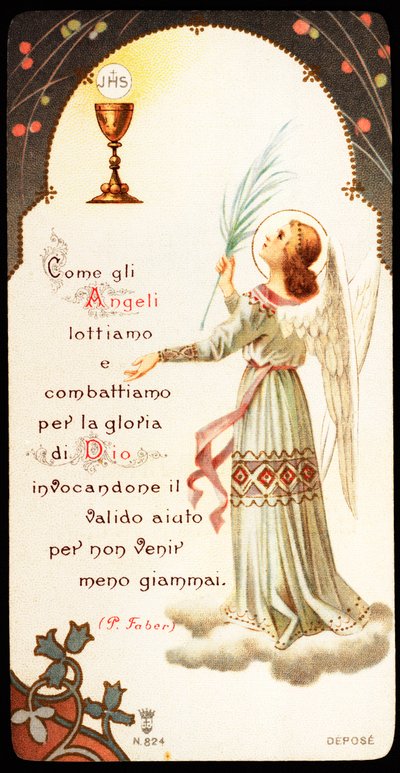 Comme les anges nous combattons et luttons pour la gloire de Dieu Image pieuse avec un calice et une hostie où l