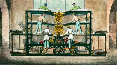 Machine pour imprimer le petit journal inventée par Hippolyte-Auguste Marinoni (1823-1904). Il a inventé une presse rotative en 1866. Gravure de 1868. Collection privée - Anonymous Anonymous