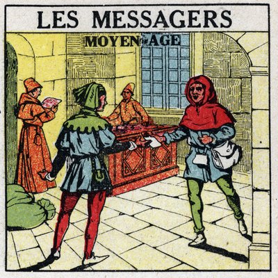 Courrier : Messagers au Moyen Âge. Illustration anonyme de 1925. Collection privée. - Anonymous Anonymous