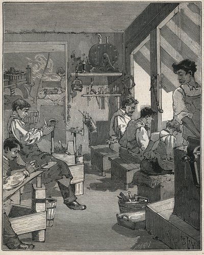 Fabrication de peignes dans un atelier en France au XIXe siècle. Gravure de 1885 dans « Les arts et métiers illustrés » par Adolphe Bitard. - Anonymous Anonymous