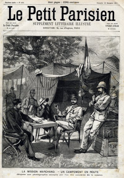 Camp de la mission Marchand : Jean-Baptiste Marchand (1863-1934), le capitaine Baratier à sa gauche et le lieutenant Victor Emmanuel Largeau (1867-1916) et le capitaine Germain à sa droite. Dans « Le Petit Parisien » du 26/12/1897. Collection privée - Anonymous Anonymous