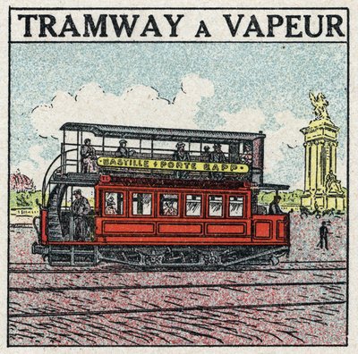 Traction mécanique : tramway à vapeur apparu à Paris à la fin du 19ème siècle sur la ligne de la Bastille - porte Bapp. Illustration anonyme de 1925. Collection privée. - Anonymous Anonymous