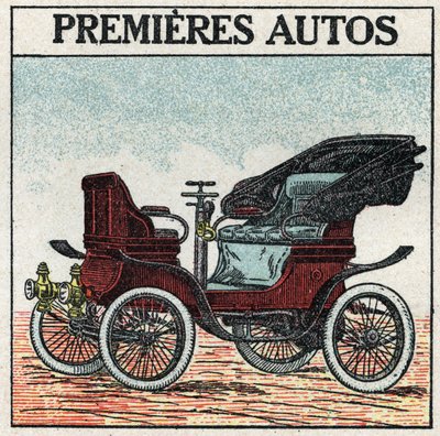 Traction mécanique : les premières voitures à essence inventées en 1895 par Panhard et Levassor. Illustration anonyme de 1925. Collection privée. - Anonymous Anonymous