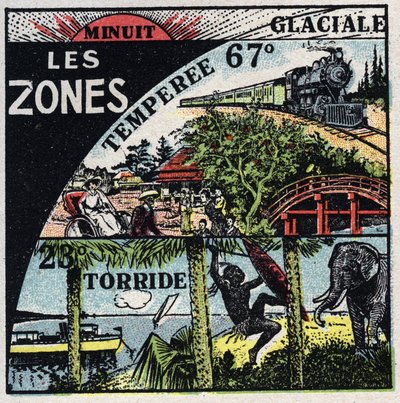 Météorologie : distribution de la chaleur sur terre et différents climats (zones chaudes, tempérées, polaires). Illustration anonyme de 1925. Collection privée. - Anonymous Anonymous