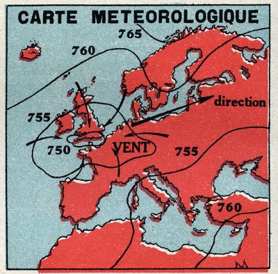 Météorologie : carte météorologique. Illustration anonyme de 1925. Collection privée. - Anonymous Anonymous