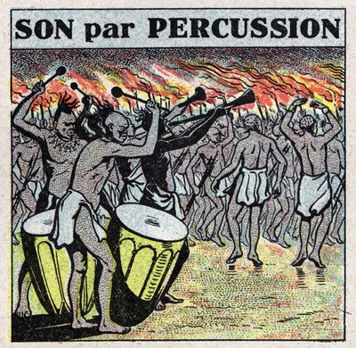 Instruments de musique : joueurs de percussions dans un village africain. Illustration anonyme de 1925. Collection privée. - Anonymous Anonymous
