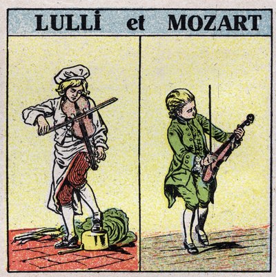 Instruments de musique: instruments à cordes frottées. Jean Baptiste Lully (Giovanni Battista Lulli) (1632-1687) et Wolfgang Amadeus Mozart (1756-1791) jouant du violon. Illustration anonyme de 1925. Collection privée - Anonymous Anonymous