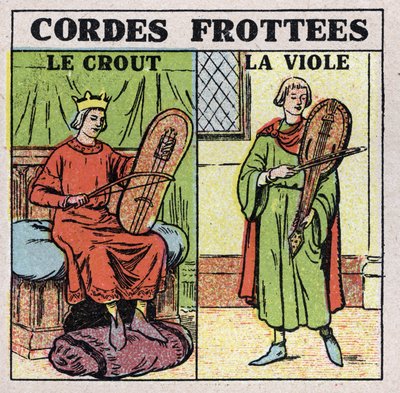 Instruments de musique : instruments à cordes frottées. Joueurs de crout et rapes au Moyen Âge. Illustration anonyme de 1925. Collection privée. - Anonymous Anonymous