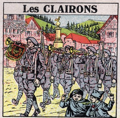 Instruments de musique : instruments à vent avec une embouchure en jarre. Joueurs de clairon pendant une course militaire. Illustration anonyme de 1925. Collection privée. - Anonymous Anonymous