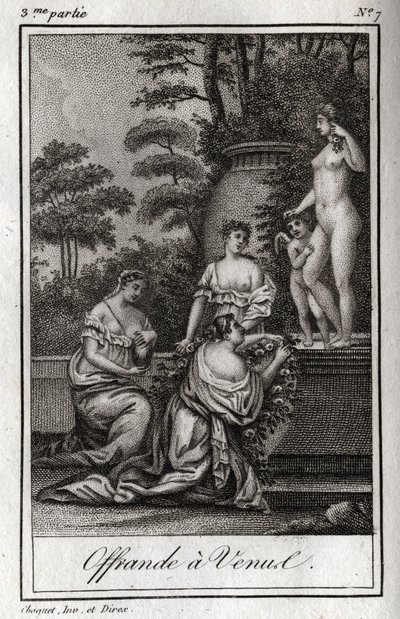 Offrande à Vénus. Petits amours (angelots) se rassemblent pour rendre hommage à la déesse Aphrodite. Gravure de 1819 dans "Lettres à Emilie sur la mythologie" par Charles Albert Demoustier (1760-1801). Collection privée. - Anonymous Anonymous
