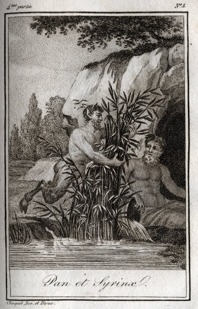 Pan et la nymphe Syrinx transformée en roseaux. Gravure de 1819 dans "Lettres à Émilie sur la mythologie" par Charles Albert Demoustier (1760-1801). Collection privée. - Anonymous Anonymous