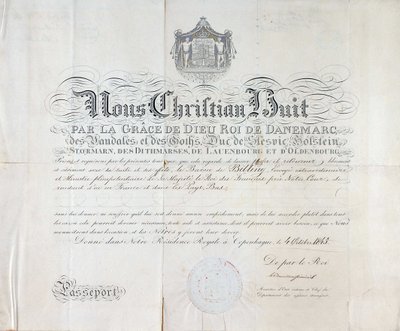 Passeport par le roi du Danemark Christian VIII datant de 1845. - Anonymous Anonymous