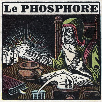 Phosphorescence : phosphore. Un alchimiste cherchant la pierre philosophale dans son laboratoire. Illustration anonyme de 1925. Collection privée. - Anonymous Anonymous