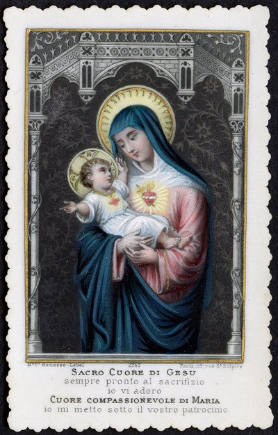 Image pieuse : Jésus enfant dans les bras de sa mère Marie, avec le Sacré-Cœur (gravure) - Anonymous Anonymous