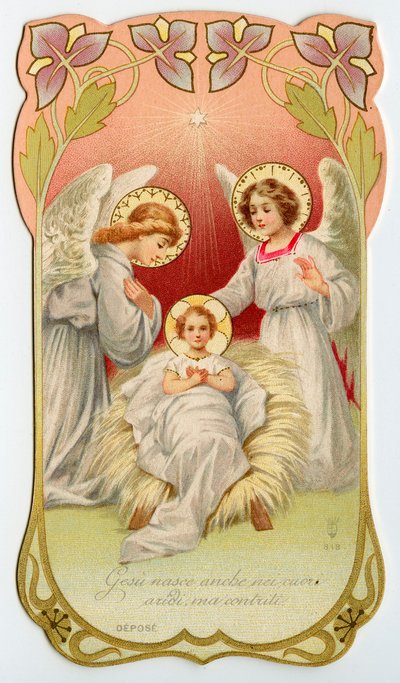 Image pieuse : Nativité de Jésus avec deux anges (chromolithographie) - Anonymous Anonymous