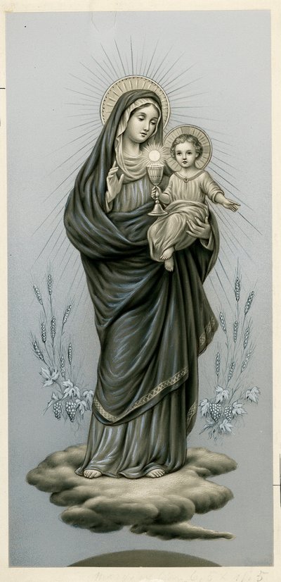 Image pieuse : Vierge et enfant avec le Saint-Sacrement (gravure) - Anonymous Anonymous