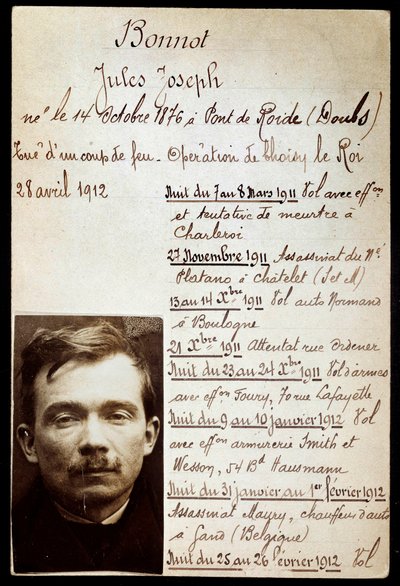 Fiche de police du criminel Jules Bonnot (1876-1912) (bande Bonnot) avec liste des crimes - Anonymous Anonymous