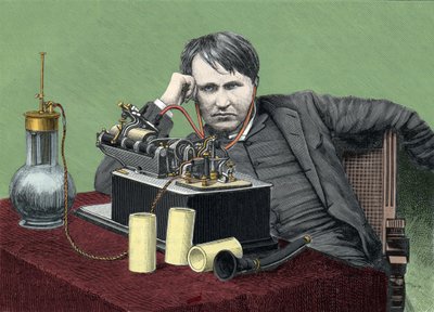 Portrait de Thomas Edison (1847-1931), physicien américain, avec son phonographe. Gravure vers 1900. - Anonymous Anonymous