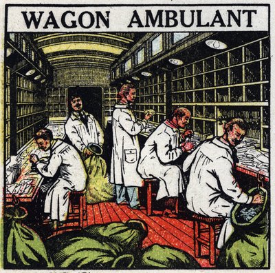 Poste: bureau de poste ambulant dans un wagon de chemin de fer. Illustration anonyme de 1925. Collection privée. - Anonymous Anonymous