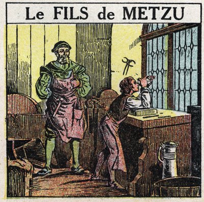 Prismes et lentilles : le fils de Metzu. Le Néerlandais Jacob Metzu (Jacques Metius) a découvert le télescope par hasard en 1609, en regardant son fils jouer avec des verres concaves et convexes. Illustration anonyme de 1925. Collection privée. - Anonymous Anonymous
